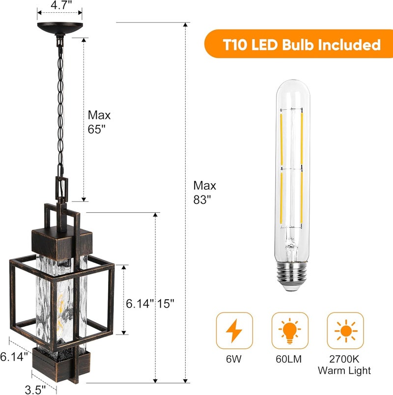 PARTPHONER 15" Outdoor Indoor Pendant Light Exterior Hanging Lantern, Modern Black Metal Outside Chandelier Light Fixture Ceiling Mount with Water Glass for Front Porch Entrance Foyer Entryway, Black Brush Gold - Image 3